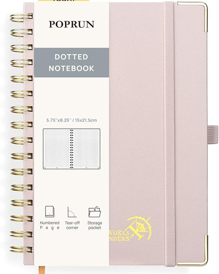 POPRUN Spiral Dotted Journal Notebook, [A5-5.75'' x 8.25''] - 120 GSM Thick Paper, 141 Numbered Pages, Hardcover for Men & Women with Pocket, Index Tabs, 8 Perforated Sheets, Light Pink