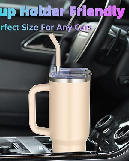 40 oz tumbler with handle and straw,Double Wall Vacuum Reusable Stainless Steel Insulated Water Bottle,With Leak Proof lid and Straw for Iced or Cold Beverages (Rose Quartz)