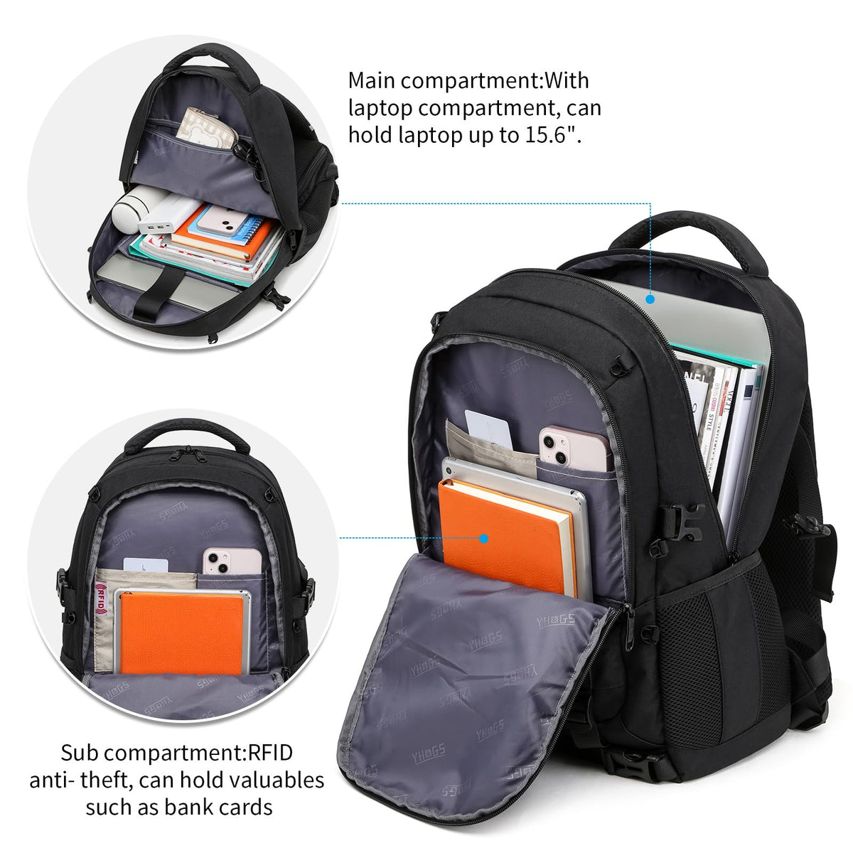 RUCYEN Skateboard Backpack, Laptop Backpack, Hidden Mesh and Anti-Theft Pockets, Waterproof Fabric, Fits up to 15.6 Inch Laptop, for Business Travel Men Women(Black)