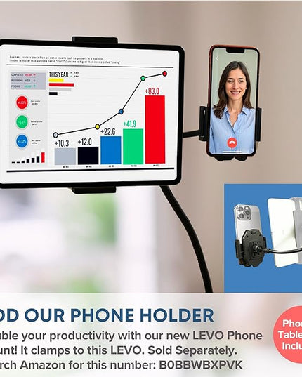 LEVO Adjustable Height Floor Stand on Wheels for Tablet & Phone - Gooseneck Holder Mount with Stable Base - Compatible with All Cell Phones & Tablets (4-13 inch) - Black with Casters