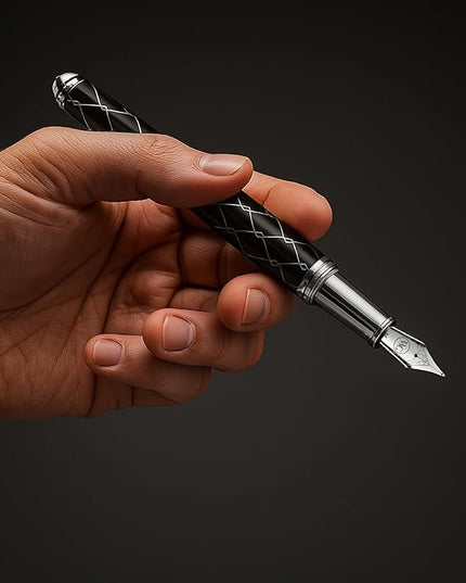 Webson Gill ‘The Weaver’ Black Luxury Executive Fountain Pen, Polished Lacquer & Chrome, Medium Nib, Smudge Free No Bleed, Use Any Fountain Ink w/Included Converter, Fits Cartridges (sold separately)