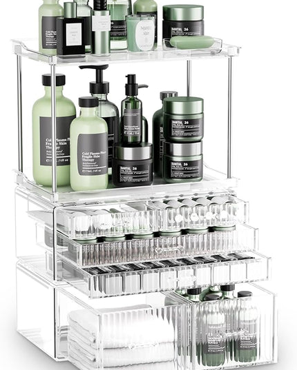 2-Tier 5-Drawer Bathroom Countertop Organizer : Multi-Purpose Makeup Organizer Countertop - Large Skincare Holder Exquisite Vanity Tray - Perfume & Skincare Storage Amber Clear