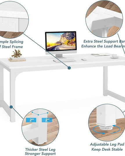 Tribesigns Modern Computer Desk, 70.8 x 31.5 inch Large Office Desk Computer Table Study Writing Desk Workstation for Home Office, White Metal Frame