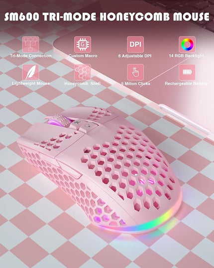 SOLAKAKA SM600 Pink Wireless Gaming Mouse with Honeycomb Shell, Side Buttons,Tri-Modes(BT5.1+BT5.1+2.4GHz) Lightweight RGB Wireless Mouse for PC/Tablet/Desktop/Office/Games