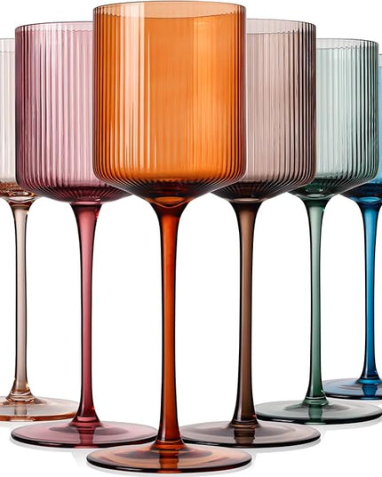Colored Square Wine Glasses Set of 6, Elegant Ribbed Design Colorful Crystal Glassware with Long Stem, 11.5oz Hand Blown Stemware For Red & White Wine Home Bar Party- Multicolour