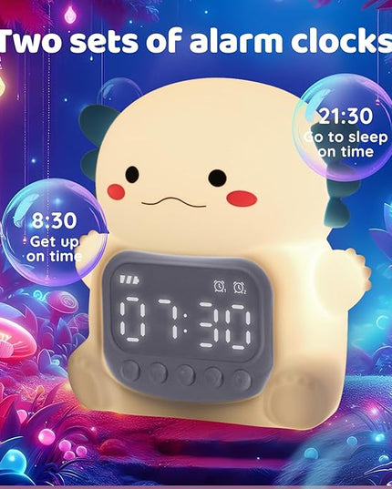 Axolotl Alarm Clock with Night Light for Kids, Rechargeable Silicone Lamp Time to Wake Clock Cute Animal Tabletop Lamp, Perfect Sleep Companion for Boys Girls, White