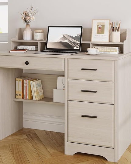 4 EVER WINNER Small Desk with Drawers, Computer Desk with File Cabinet & Monitor Stand, Home Office Desks with Drawers, Wood Writing Desk for Bedroom, Off White