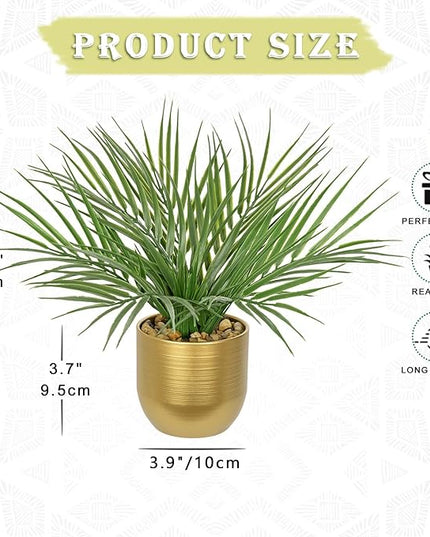 Hollyone Large Artificial Potted Plants Fake Palm Plants 13" Faux Tropical Palm Plant Tree in Gold Metal Pots for Home Room Office House Indoor Decoration