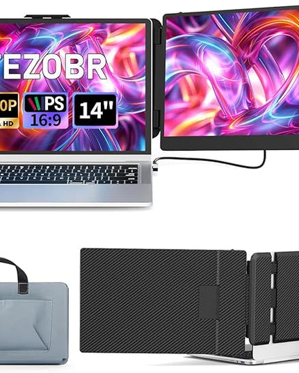 FEZOBR Laptop Screen Extender, 14" FHD 1080P IPS Laptop Monitor Extender Dual Screen, Travel Monitor for 13-17" Laptops with USB-C/HDMI Port, Plug and Play for Windows/Mac/Android