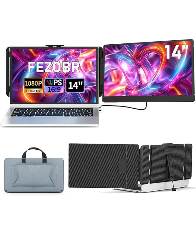 FEZOBR Laptop Screen Extender, 14" FHD 1080P IPS Laptop Monitor Extender Dual Screen, Travel Monitor for 13-17" Laptops with USB-C/HDMI Port, Plug and Play for Windows/Mac/Android