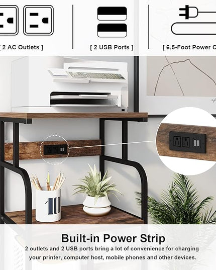 VEDECASA Large Printer Stand Cart with Charging Station USB Port 21.2"x15.7"x42.3" Rolling Tall 3-Tier Printer Stand with Adjustable Shelf Storage Home Office