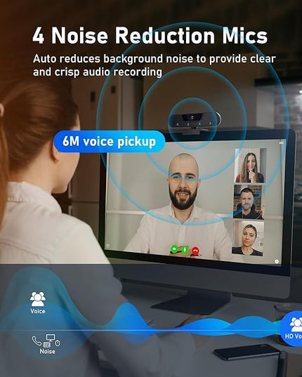 4K Webcam, Computer Camera with 4 Noise-canceling Microphones for Computer/Laptop/Mac, Privacy Cover and Tripod, Work with Video Conference, Live Streaming, Gaming, Video Calls, Zoom