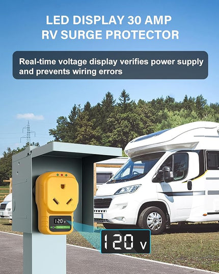 30 Amp RV Surge Protector with Display Screen, Real-Time Voltage Monitor, Circuit Analyzer, 30A Male to Female Plug, 2100 Joules Surge Protection, LED Indicator Lights for Camper & Travel Trailer