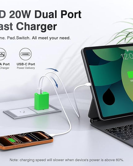 LCGENS 2-Pack USB C Wall Charger, 20W Type C Fast Charger Block Plug Dual Port PD + QC3.0 USB A Charging Brick Cube for iPhone 16/15/14, iPad,Galaxy S25/24, Google Pixel, Motorola,(Bright Green)