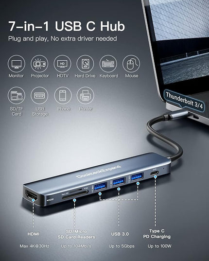 USB C Hub, DockteckExpand 7 in 1 USB-C Multiport Adapter with 4K HDMI, 100W Power Delivery, 3 USB 3.0 Ports, SD/TF Card Reader, for MacBook Pro/Air, iMac, iPad Pro, Surface Pro 7/8, XPS, HP and More