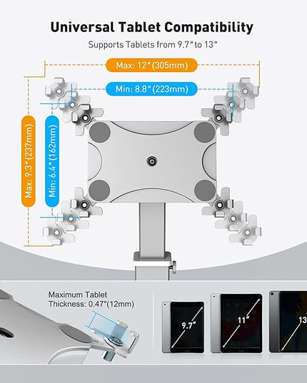 AboveTEK Anti-Theft iPad Kiosk Stand, 360 Rotation & Adj. Height 8.3"–13.4", Heavy-Duty Steel & Aluminum, Fits 9.7"-13" Tablets, Security Retail POS Tablet Stand for Business & Commercial Use (Silver)