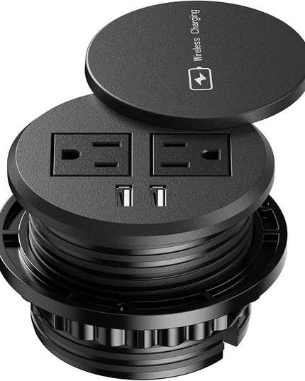 3 Inch Desk Hole Recessed Power Grommet with 15W Wireless Charger Cover, 2 USB-A Countertop Grommet Mount Power Outlet, with AC Outlets and 6ft Extension Cord Black