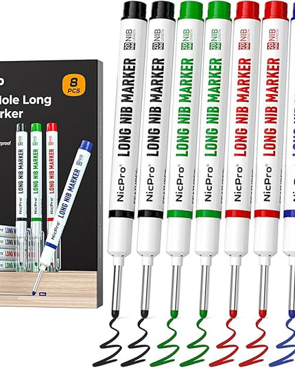 Nicpro 8 PCS Long Nib Marker Pens, 20mm Deep Hole Marker, Quick Dry & Waterproof Construction Markers, Long Head Markers for Metal, Steel, Tile, Glass, Carpenter Marking Pen for Woodworking (4 Colors)