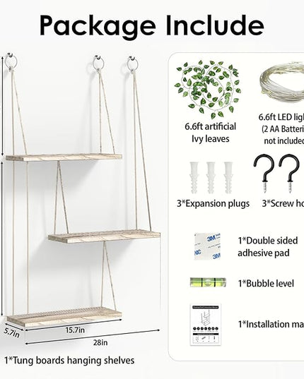 Hanging Shelves for Wall, 3 Tier Boho Wall Decor Hanging Shelf with Vine Lights