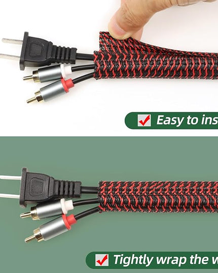 Split Wire Loom Tubing, Cable Protector Sleeve, Braided Cable Management for TV/Computer/Home Theater/Engine Bay, Cord Protectors from Pets No Chew (Red and Black, 3/8"-25ft)