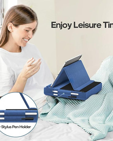 KDD Tablet Pillow Stand, Multi-Angle Viewing Ipad Holder for Lap, Bed and Desk, Foldable Soft Pad Dock with Stylus Mount Compatible with Ipad Pro 12.9, 10.5, 11, Air, Mini, Phones, Books, E-Reader