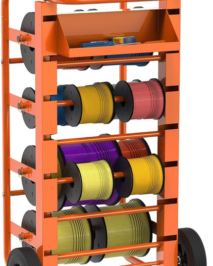 Tredre Wire Spool Rack with Wheels, Heavy Duty Cable Holder with 11 Rods – Mobile Multi-Spool Wire Rack Dispenser with Wheels and Storage Box for Efficient Workplace Cable Management, Orange