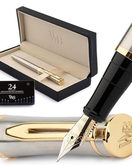 Wordsworth & Black Fountain Pen Set, 18K Gilded Extra Fine Nib, Includes 24 Pack Ink Cartridges, Ink Refill Converter & Gift Box, Gold Finish, Calligraphy, [Silver Gold], Perfect for Men & Women