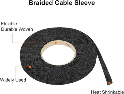 MECCANIXITY Braided Cable Sleeves Heat Shrinkable Fabric Sleeving, 1/4" 40ft Black 2:1 Ratio Heat Shrinkable Cord Protector for Harness Cable, Network Cable Protection, Cable Management