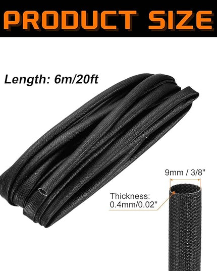 MECCANIXITY 20ft Braided Cable Sleeve, 3/8" ID 200C High Temperature 1500V Fiberglass Wire Insulation Cord Protector Organizer Wires Management for Motor Engine Fuel Line, Black