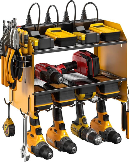 CCCEI Modular Power Tool Organizer Wall Mount with Charging Station. Garage Drill Storage Shelf with Hooks, Heavy Duty Rack, Tool Battery Holder Built in 8 Outlet. Gift for Men. Yellow, 2 Pack.