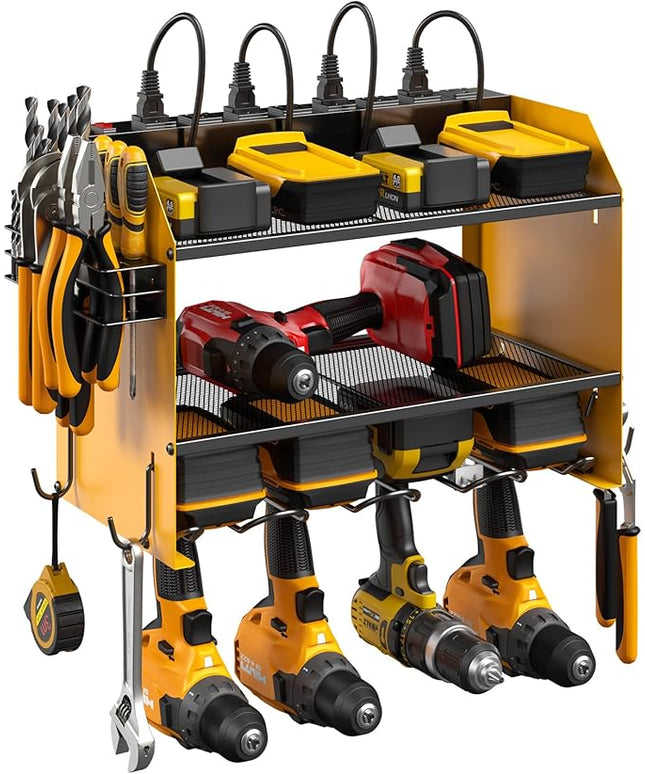 CCCEI Modular Power Tool Organizer Wall Mount with Charging Station. Garage Drill Storage Shelf with Hooks, Heavy Duty Rack, Tool Battery Holder Built in 8 Outlet. Gift for Men. Yellow, 2 Pack.