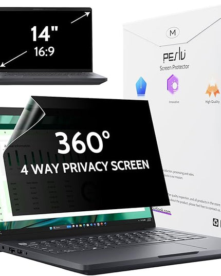 Peslv 360° 4 Way Laptop Privacy Screen for 14 Inch 16:9 Aspect Ratio Computer Monitor, Anti Glare Blue Light Spy Filter Private Cover, Bubble-Free Black Security Protector