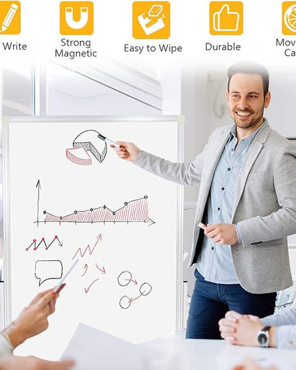 H-Qprobd 24"x36" Dry Erase Board with Stand - Adjustable Height Double Side Mobile Magnetic Rolling Whiteboard on Wheels for Home, Office & School