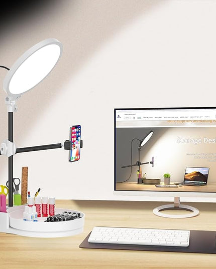 Selfie Light Kit for Desk and Laptop,55W Dimmable Full Screen Ring Light,with Rotating Storage Box,Pen Holder Stand,Phone Holder and Controller (White, 10.5)