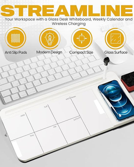 NEXTLUXE Glass Desk Whiteboard with Wireless Charger - Desktop Whiteboard with Storage, Weekly Planner, Dry Erase Pad, Organizer Drawer for Home, School, Office Gadgets – White
