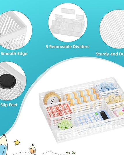Marbrasse 2 Pack Desk Drawer Organizer, Mesh Drawer Organizer Tray with 8 Adjustable Compartments, Desk Organizers and Accessories, 5 Dividers for Office Supplies, Makeup & Vanity (White)