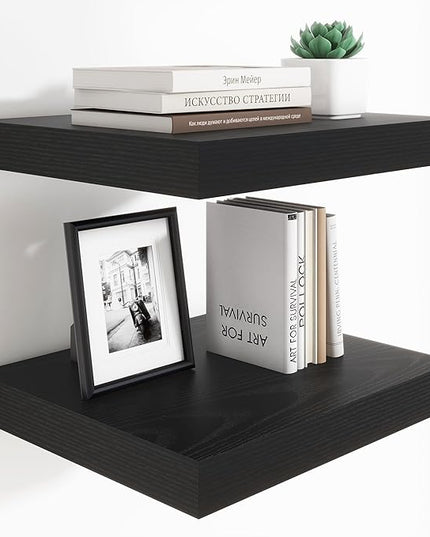 Heimlove 12 Inch Deep Floating Shelves, 16 x 12 inches Long Wall Shelf, Large Extra Display Shelf & Storage Shelf, Rustic Wood Wall Shelves for Fireplace Mantel, Black - 2Pack
