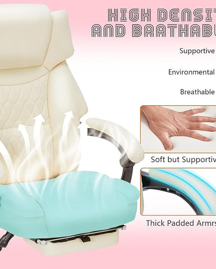 Massage Office Chair with Foot Rest 6 Points Vibration and Heat Home Office Desk Chairs for Heavy People 400lbs Reclining Managerial Chairs Ergonomic Executive Chair (Cream)
