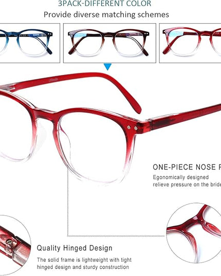 Henotin 3-Pack Blue Light Blocking Reading Glasses,Spring Hinge Computer Readers for Men Women,Anti UV Ray Filter Eyeglasses (Multicolor, 2.5)