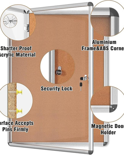 Mifuro 38"x28" Enclosed Bulletin Board, Lockable Weather-Resistant Aluminum Cork Noticeboard for School & Office, Silver Frame w/Cork
