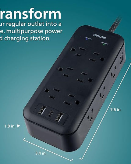 Philips Surge Protector, 12 Outlet, 2 USB-A, 1 USB-C, 17W, 3120J, Braided Cord, 8ft, Black