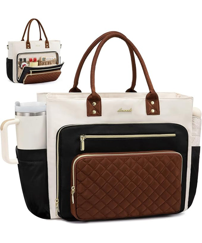LOVEVOOK Teacher Tote Bag for Women, Laptop Bag Work Bags Computer Bag, Professional Briefcase Business Large Purses Handbag Gifts, Black-Beige-Brown, 17 Inch