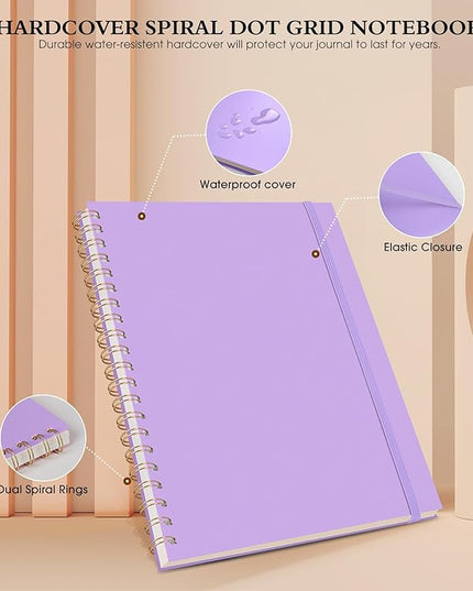 Dotted Notebook, Spiral Notebook Journal 8.5” x 11”, A4 Large Dot Grid Notebooks for Women Men, 100 GSM Dotted Paper, Plastic Hardcover Spiral Bullet Journals for Work School Sketching, Purple