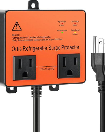 Refrigerator Surge Protector, Ortis Double Outlet Voltage Protector for Home Appliances with Time Delay, Protects Against Brownout, Spike, Instant Surge All Voltage Abnormalities, black