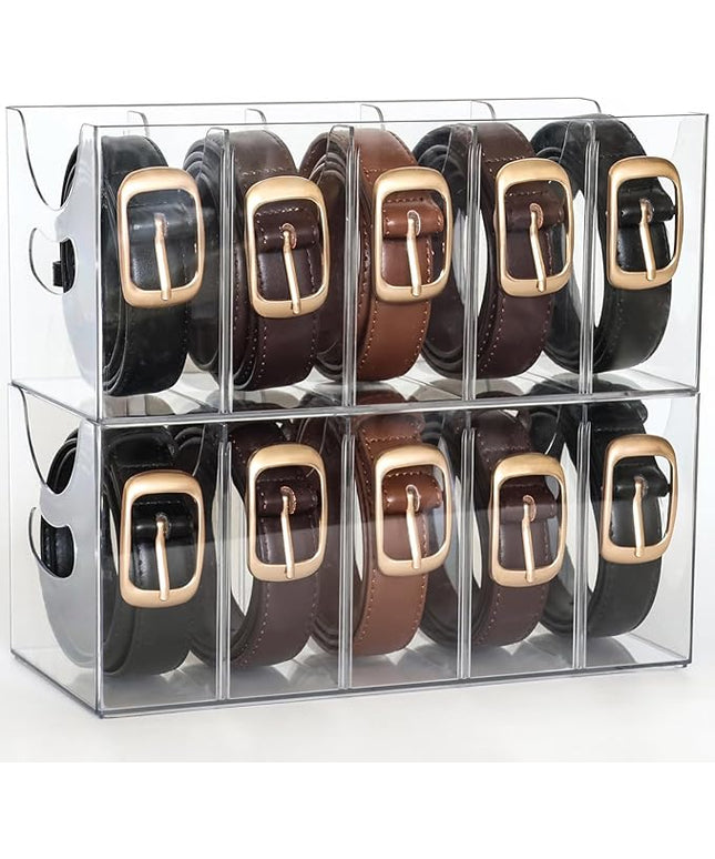 Belt Organizer - 2 Pack Clear Stackable Belt holder For Closet Drawer Storage - 5 Compartments with Removable Dividers, Multi-Purpose Display Bins With Inserts For Ties,Socks,underwear (2)