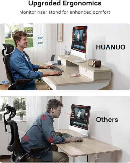 HUANUO 55 x 30 inch Electric Standing Desk with Wood Drawers, Adjustable Height Sit Stand Home Office Desk with Two Tiers, Ergonomic Adjustable Stand up Desk C-Clamp Monitor Mount Compatible, Natural