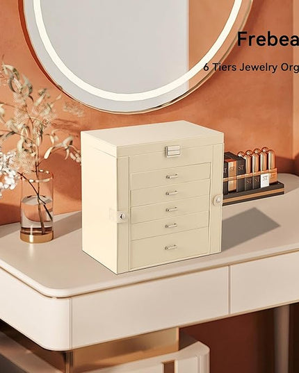 Frebeauty Large Jewelry Box,6-Tier PU Leather Jewelry Organizer,Multi-functional Storage Case with Mirror,Accessories Holder with 5 Drawers for Necklace Bracelets Watches(Beige)