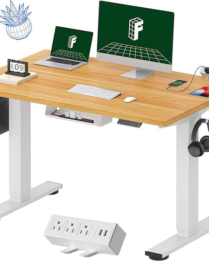 FLEXISPOT EN2 Whole-Piece Standing Desk with Clamp Power Strip, 48 x 30 Electric Stand Up Height Adjustable Desk with Cable Management (White Frame + 48" Maple Top, 2 Packages)