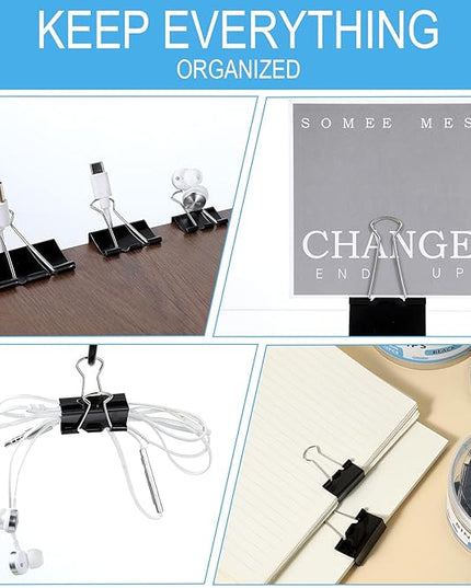 Binder Clips Assorted Sizes Including Extra Large Medium Small Mini and Micro, Office Supplies File Clamps Paper Clips, 6 Sizes in 6 Boxes, 208 PCS Metal Black Clamps for School