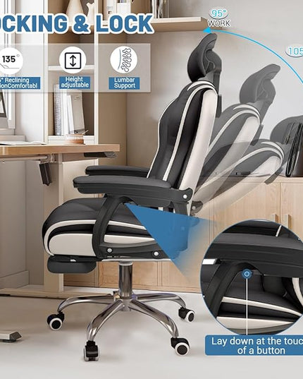Executive Computer Chair Home Office Desk Chair,Adjustable Angle, Ergonomic Adjustable Height PU Leather Chairs with Cushions Armrest for Long Time Seating-High Office Chair with Footrest